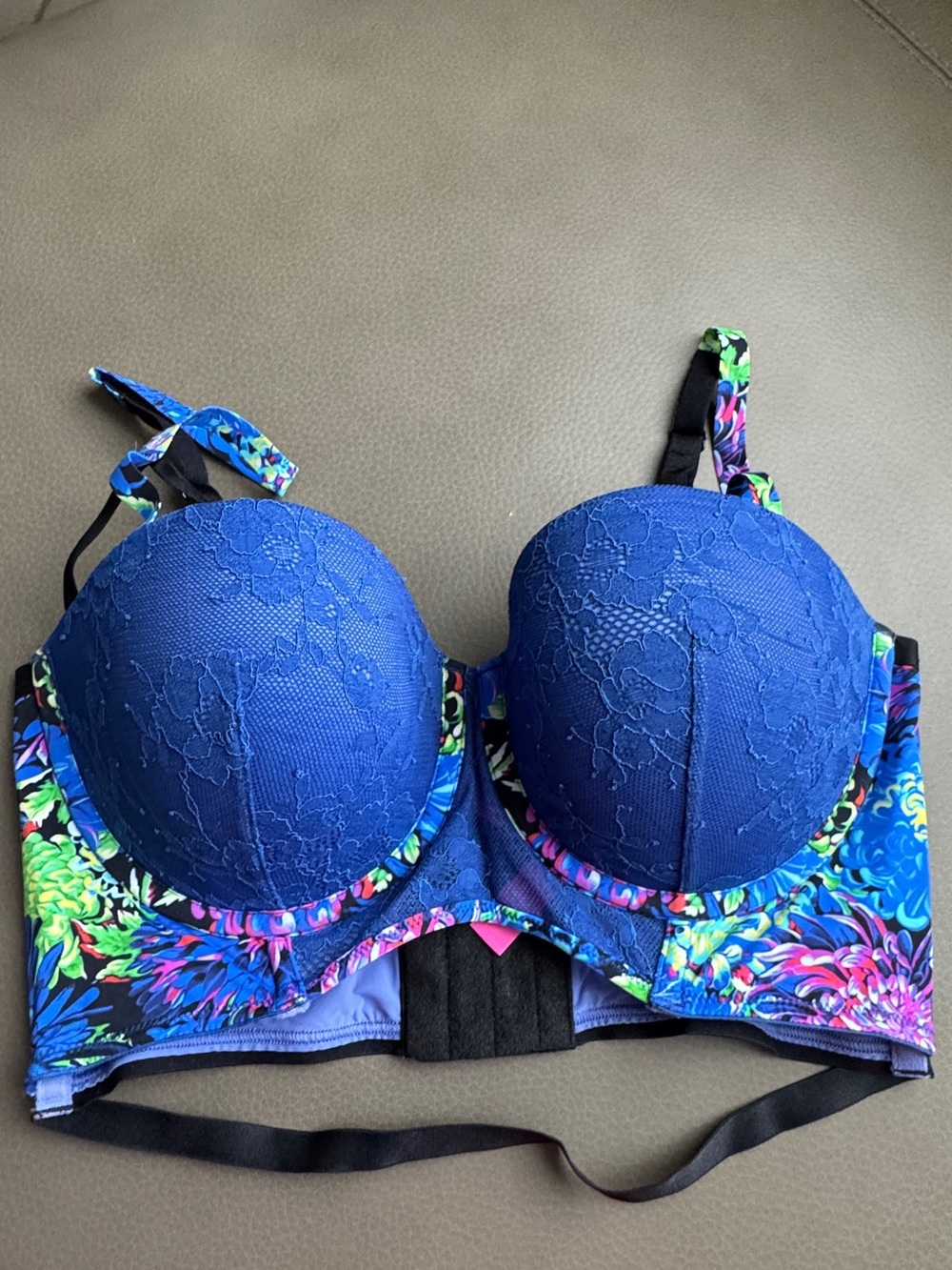 Victoria's Secret Navy Lace Longline Bra with Multicolor Floral Trim